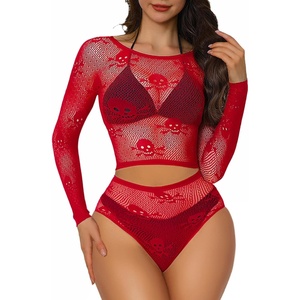 Buitifo Womens Lingerie Set Fishnet Babydoll Bodysuit Sexy Nightwear Skull Halloween Costume(Red)