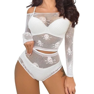 Buitifo Womens Lingerie Set Fishnet Babydoll Bodysuit Sexy Nightwear Skull Halloween Costume(White)