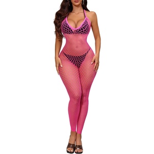 Buitifo Womens Sexy Bodysuit Fishnet Tights Bodycon Jumpsuit Lingerie(Rosered)