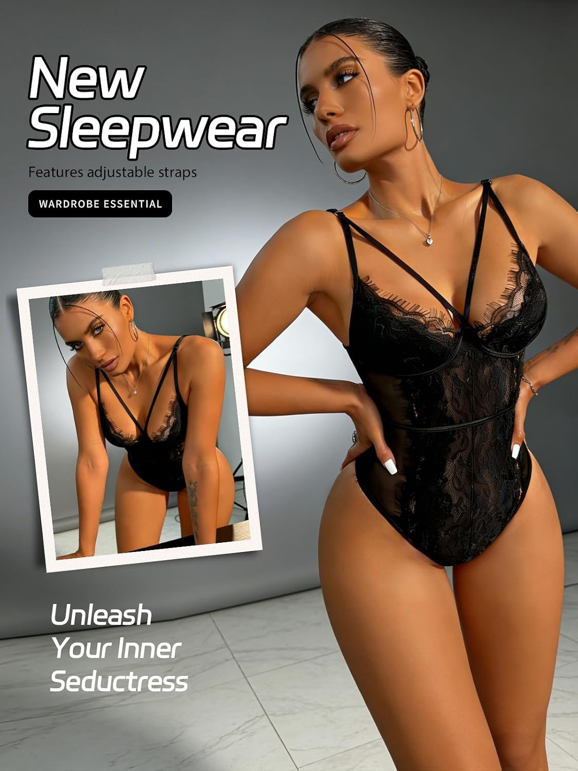 image:imageBuitifo Women Sexy Bodysuit Lingerie One Piece Babydoll V Neck Teddy Sheer Lace Tank Top See Through Camisole Snap CrotchBlack