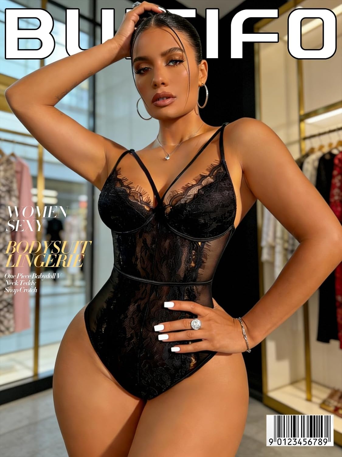 image:imageBuitifo Women Sexy Bodysuit Lingerie One Piece Babydoll V Neck Teddy Sheer Lace Tank Top See Through Camisole Snap CrotchBlack