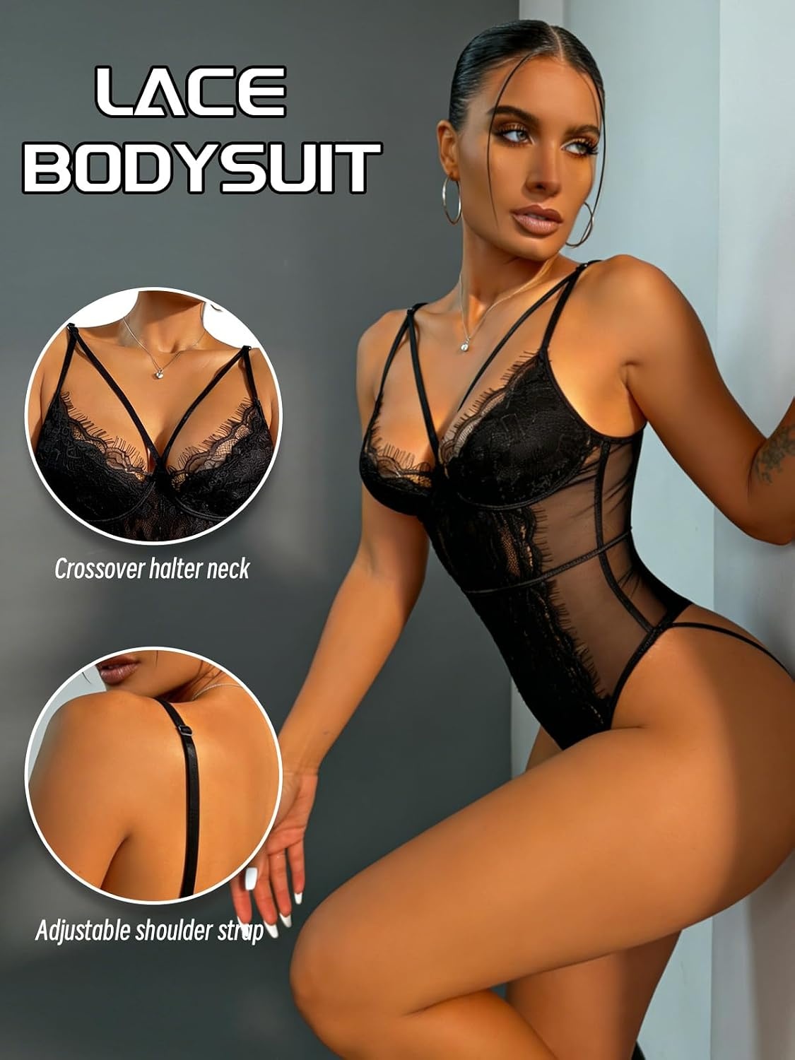 image:imageBuitifo Women Sexy Bodysuit Lingerie One Piece Babydoll V Neck Teddy Sheer Lace Tank Top See Through Camisole Snap CrotchBlack