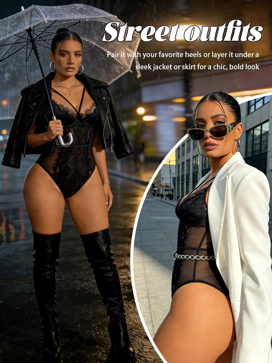 image:imageBuitifo Women Sexy Bodysuit Lingerie One Piece Babydoll V Neck Teddy Sheer Lace Tank Top See Through Camisole Snap CrotchBlack