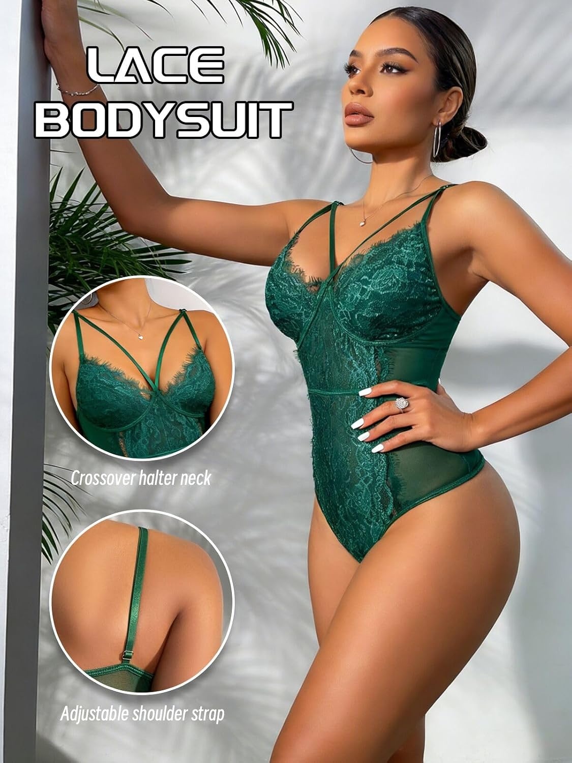 image:imageBuitifo Women Sexy Bodysuit Lingerie One Piece Babydoll V Neck Teddy Sheer Lace Tank Top See Through Camisole Snap CrotchDark Green