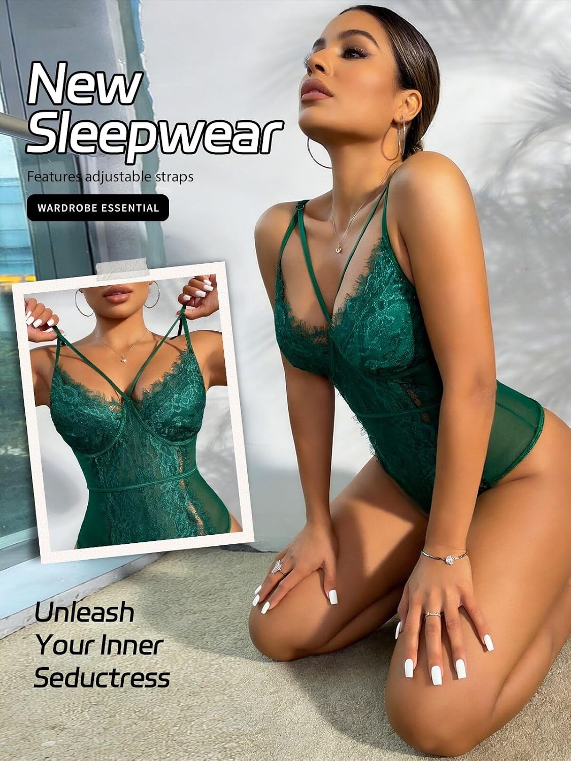 image:imageBuitifo Women Sexy Bodysuit Lingerie One Piece Babydoll V Neck Teddy Sheer Lace Tank Top See Through Camisole Snap CrotchDark Green