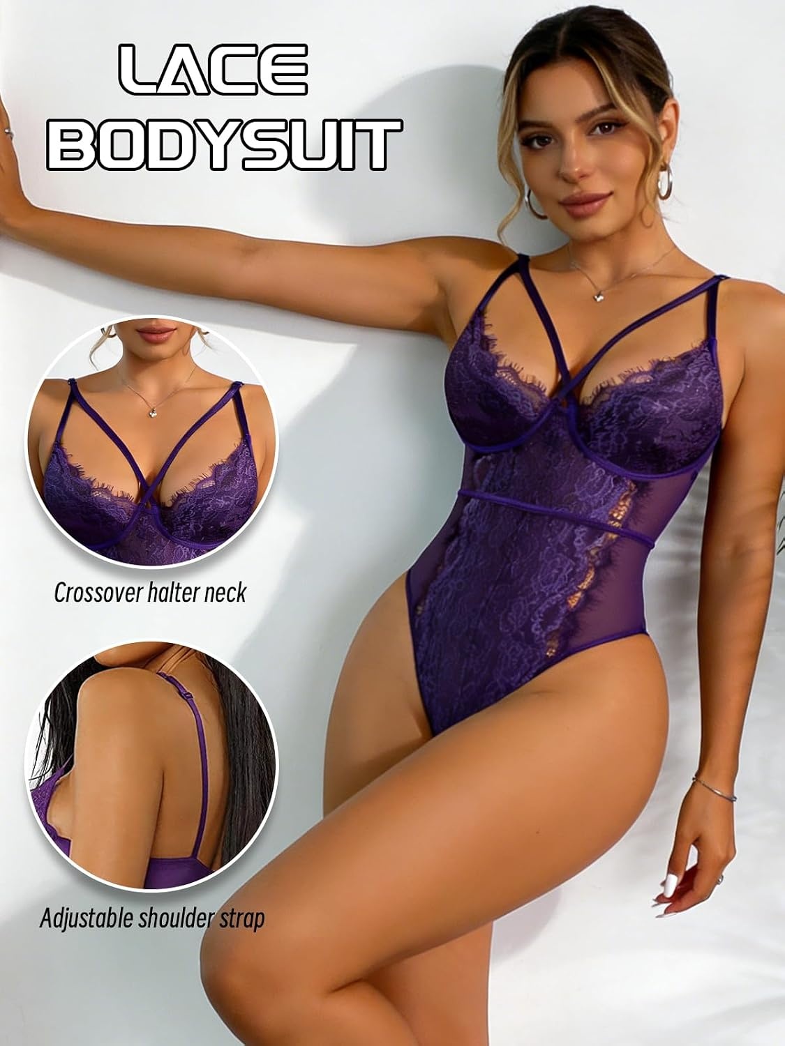 image:imageBuitifo Women Sexy Bodysuit Lingerie One Piece Babydoll V Neck Teddy Sheer Lace Tank Top See Through Camisole Snap CrotchPurple