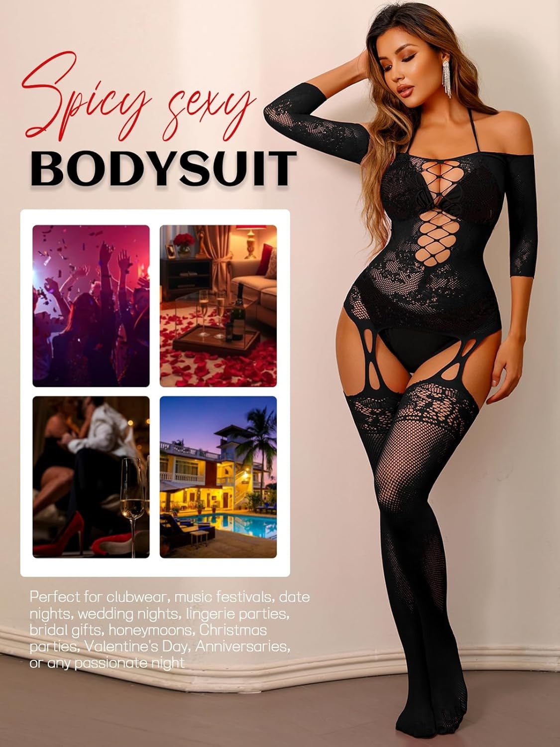 image:imageBuitifo Women Sexy Lingerie Fishnet Tights Bodystocking Mini Top Attached StockingsByblack