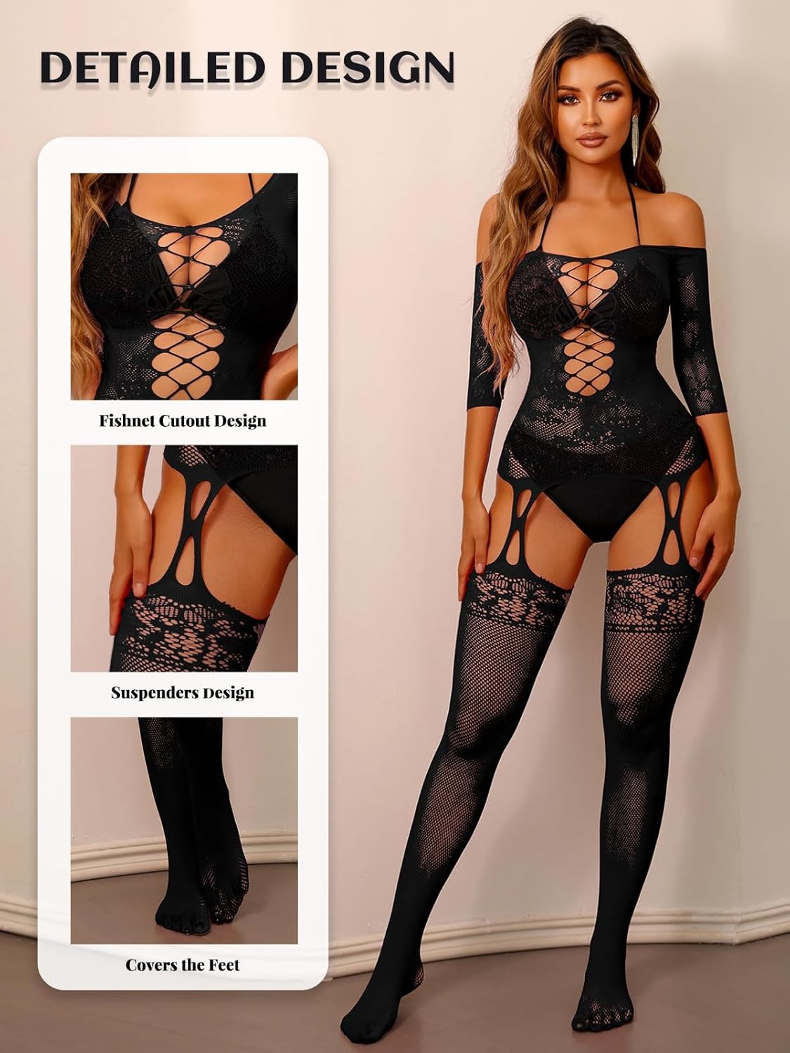 image:imageBuitifo Women Sexy Lingerie Fishnet Tights Bodystocking Mini Top Attached StockingsByblack