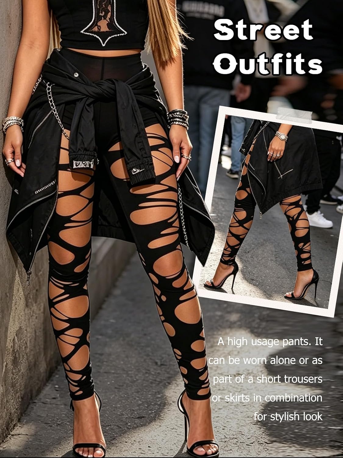 image:imageBuitifo Women Sexy Tights Fishnet Patterned Stockings Sheer Socks Y2K Ragged Pantyhose Hosiery Ripped Leggings One SizeBlackt9