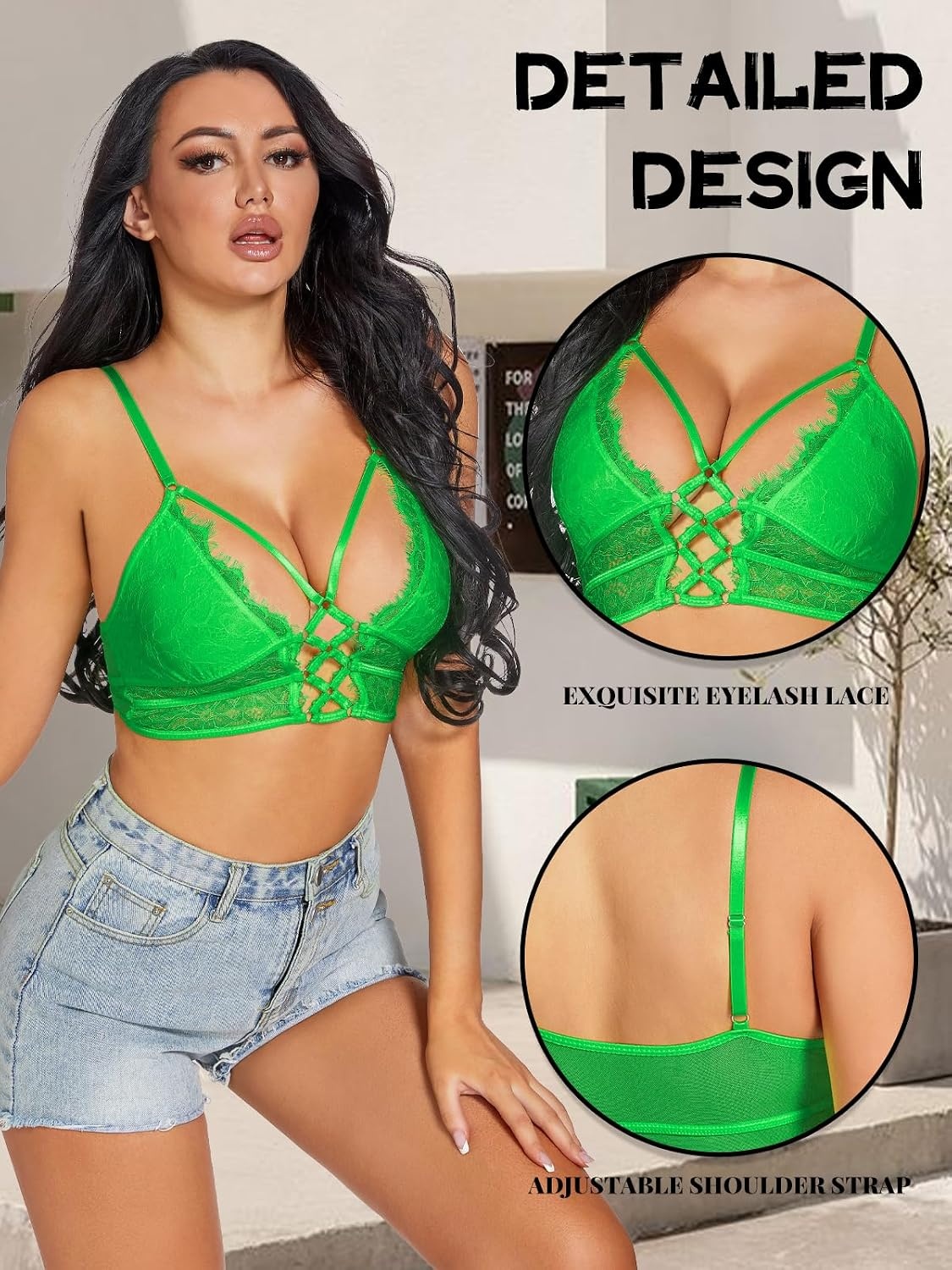 image:imageBuitifo Womens Cami Bra Criss Cross Eyelash Crop Top Bra Sexy Vest Bralette Busiter LingerieDarkgreen