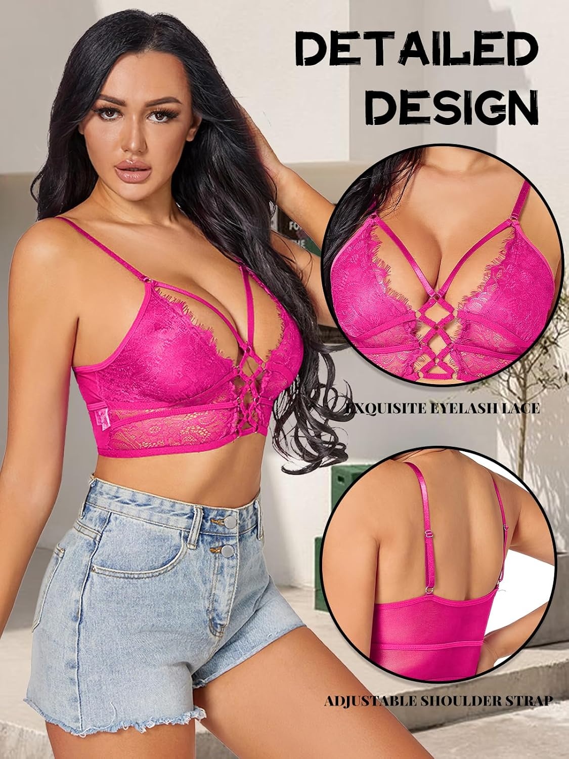 image:imageBuitifo Womens Cami Bra Criss Cross Eyelash Crop Top Bra Sexy Vest Bralette Busiter LingeriePink