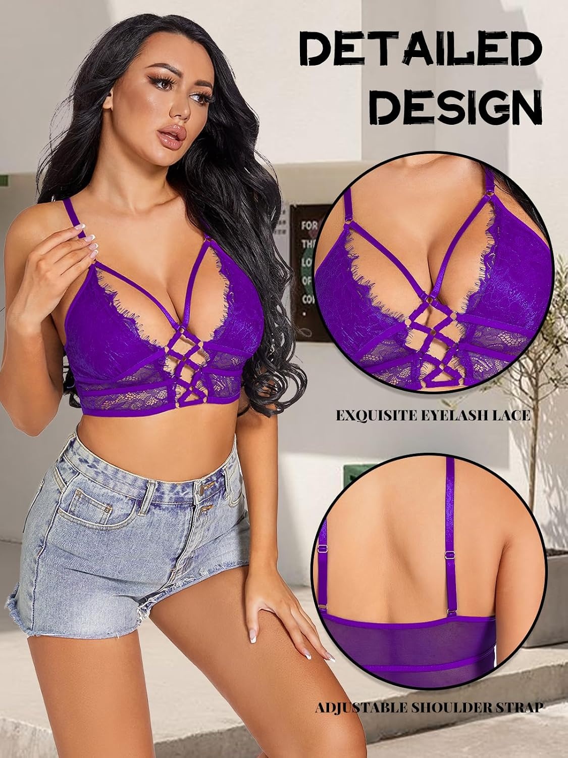 image:imageBuitifo Womens Cami Bra Criss Cross Eyelash Crop Top Bra Sexy Vest Bralette Busiter LingeriePurple