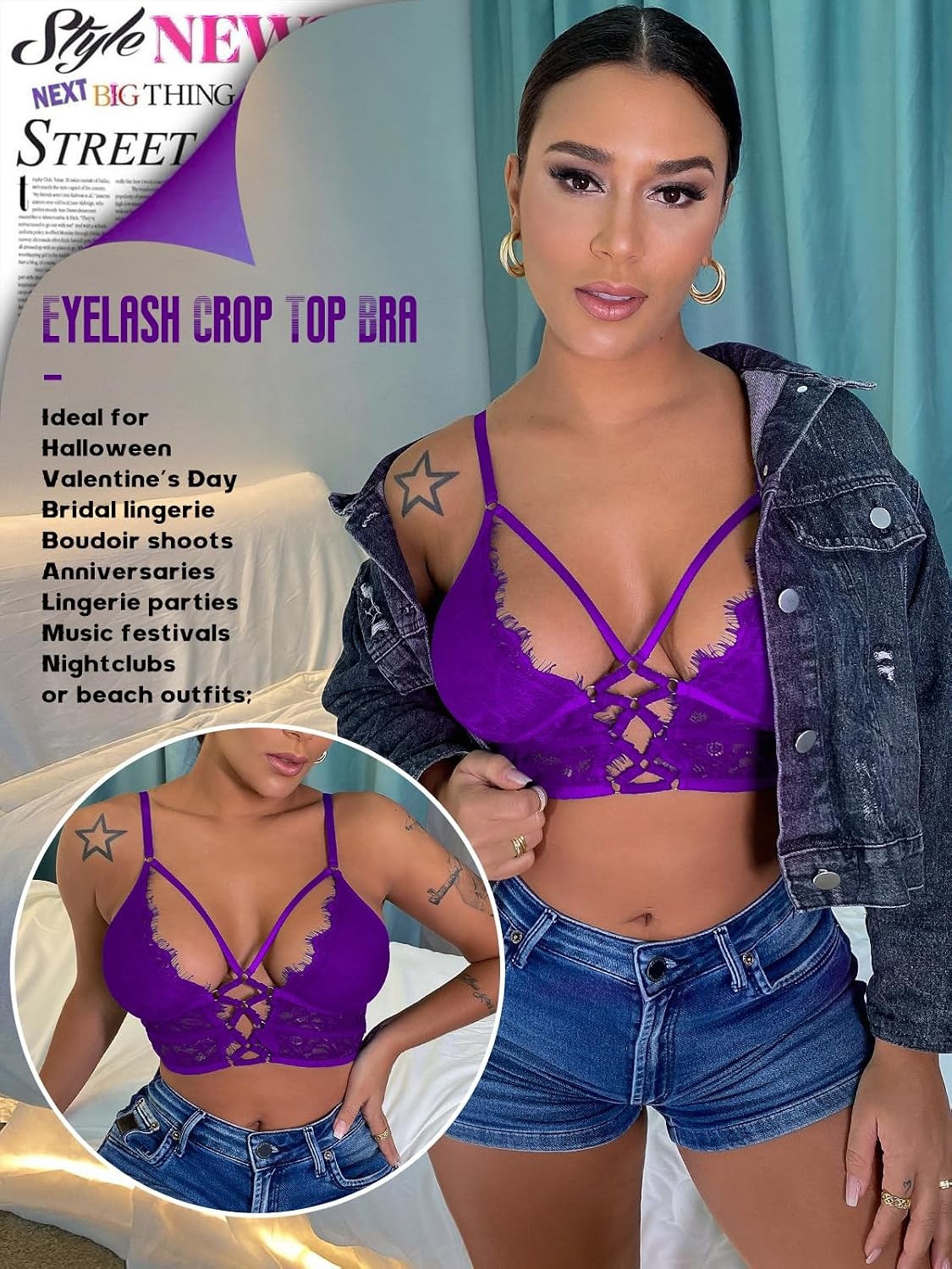 image:imageBuitifo Womens Cami Bra Criss Cross Eyelash Crop Top Bra Sexy Vest Bralette Busiter LingeriePurple