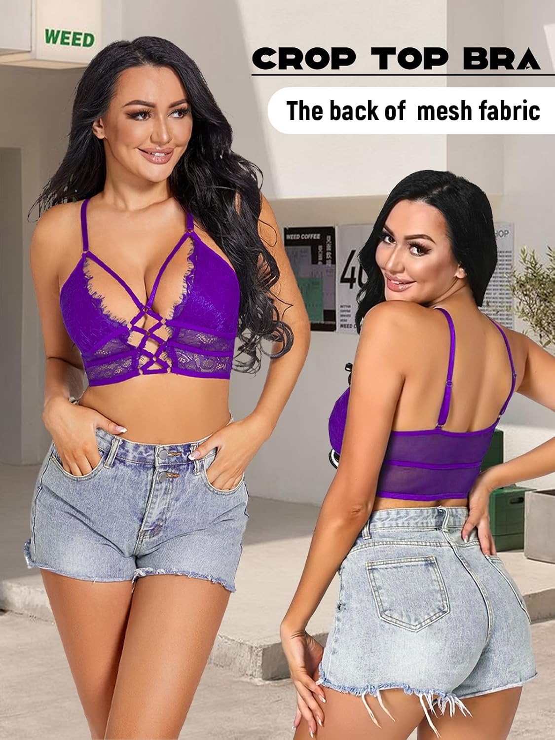image:imageBuitifo Womens Cami Bra Criss Cross Eyelash Crop Top Bra Sexy Vest Bralette Busiter LingeriePurple