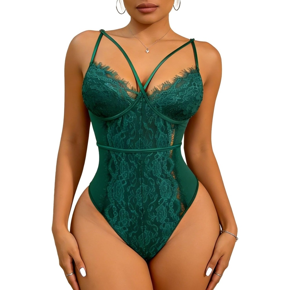image:imageBuitifo Women Sexy Bodysuit Lingerie One Piece Babydoll  V Neck Teddy Sheer Lace Tank Top See Through Camisole Snap CrotchDark Green