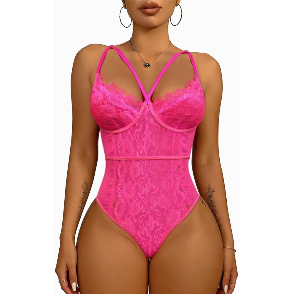 image:imageBuitifo Women Sexy Bodysuit Lingerie One Piece Babydoll  V Neck Teddy Sheer Lace Tank Top See Through Camisole Snap CrotchPink