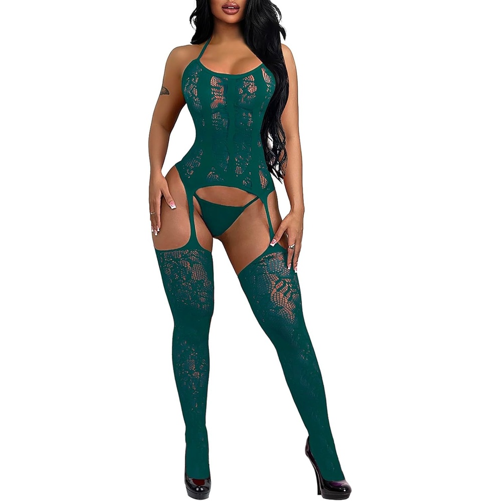 image:imageBuitifo Women Sexy Hollow Out Fishnet Bodysuit Lingerie Body Stocking NightwearGbdarkgreen