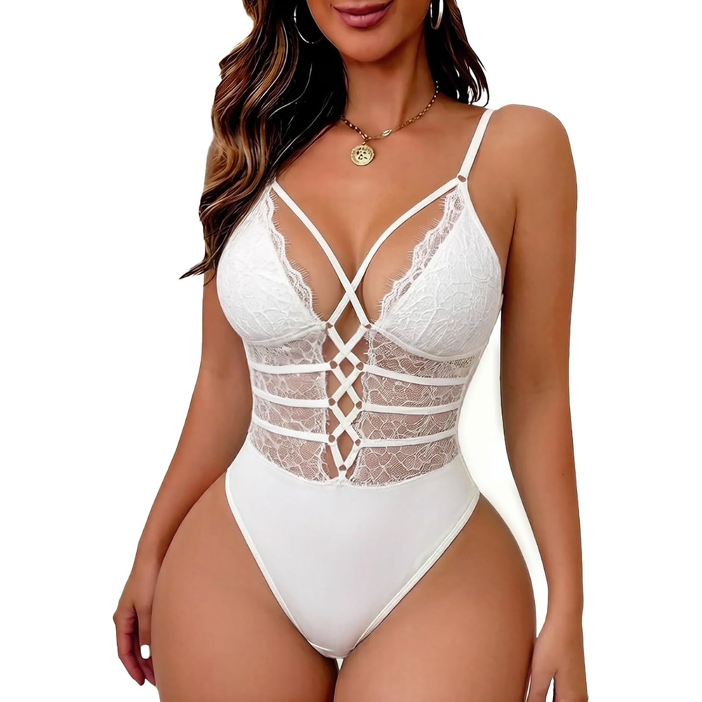 image:imageBuitifo Women Sexy Lingerie Sheer Mesh Body Suits One Piece Babydoll Lace Teddy Bodysuit Tank Top Snap CrotchWhite