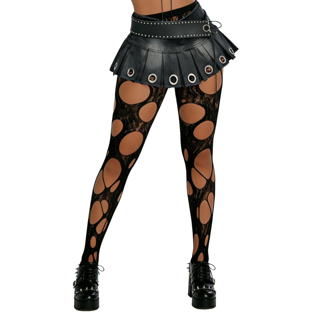 image:imageBuitifo Women Sexy Tights Fishnet Patterned Stockings Sheer Socks Y2K Ragged Pantyhose Hosiery Ripped Leggings One SizeBlackt3