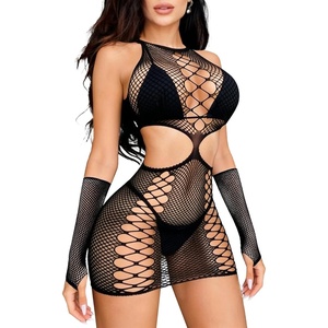 Buitifo Woman Sexy Lingerie Dress Fishnet Bodycon Mini Dresses Stripper Outfit Mesh Chemise Babydoll(Black)