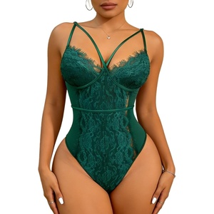Buitifo Women Sexy Bodysuit Lingerie One Piece Babydoll | V Neck Teddy Sheer Lace Tank Top See Through Camisole Snap Crotch(Dark Green)