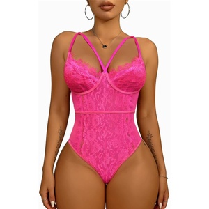 Buitifo Women Sexy Bodysuit Lingerie One Piece Babydoll | V Neck Teddy Sheer Lace Tank Top See Through Camisole Snap Crotch(Pink)