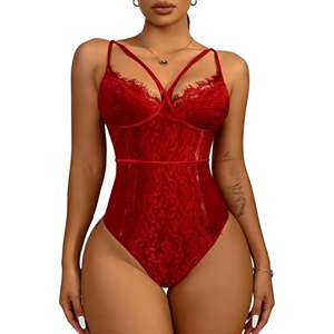 Buitifo Women Sexy Bodysuit Lingerie One Piece Babydoll | V Neck Teddy Sheer Lace Tank Top See Through Camisole Snap Crotch(Red)