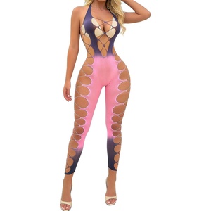Buitifo Women Sexy Hollow Out Fishnet Bodysuit Lingerie Body Stocking Nightwear(Pink&purple)
