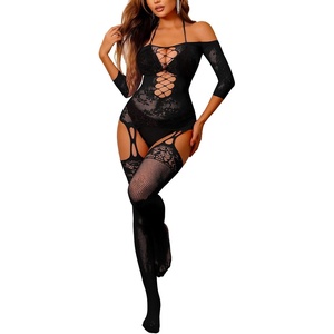 Buitifo Women Sexy Lingerie Fishnet Tights Bodystocking Mini Top Attached Stockings(By-black)